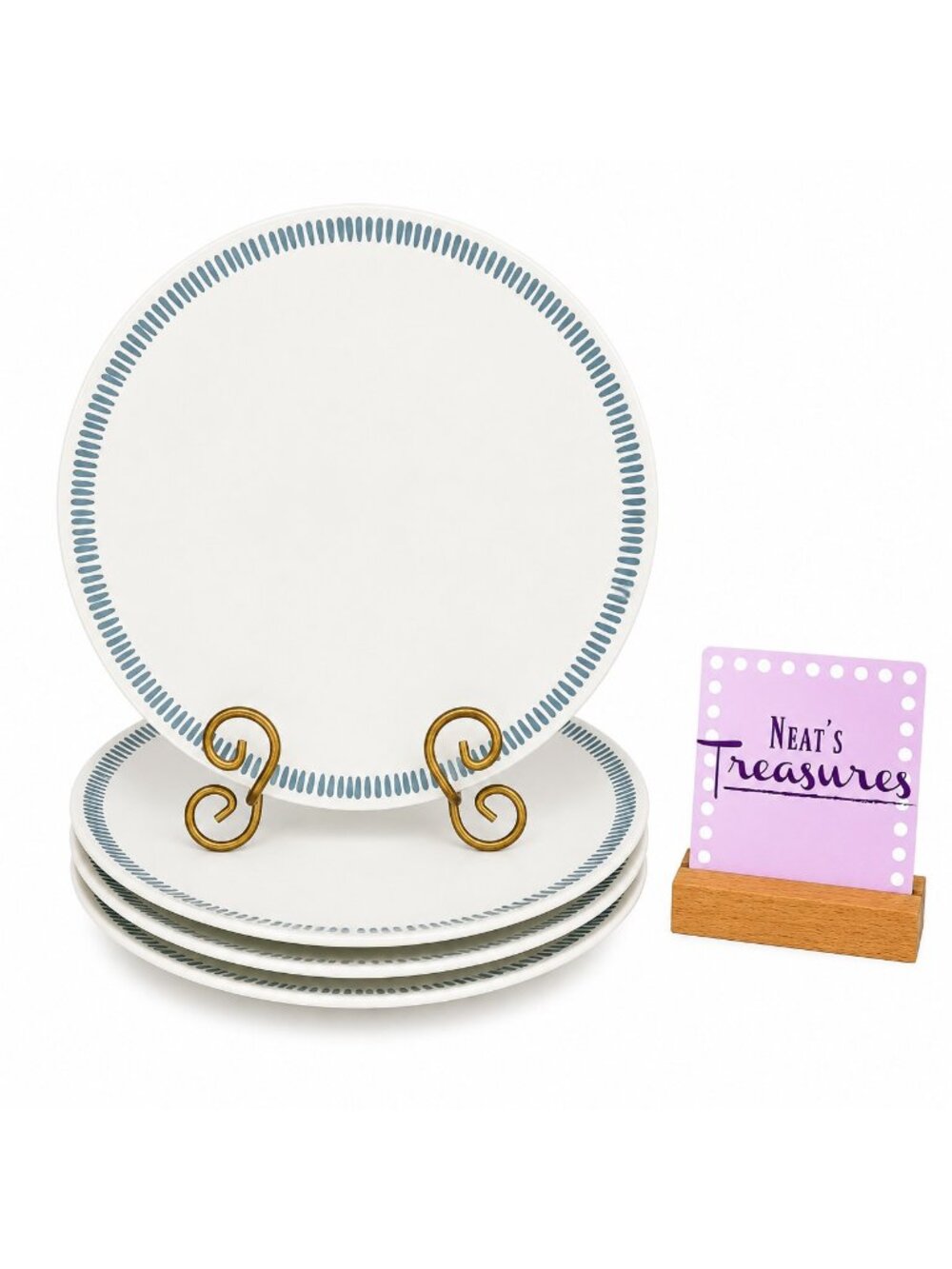 Rachael Ray SUN DAISY L008 Handpainted Blue Lines Stoneware Dinner Plate Set 4